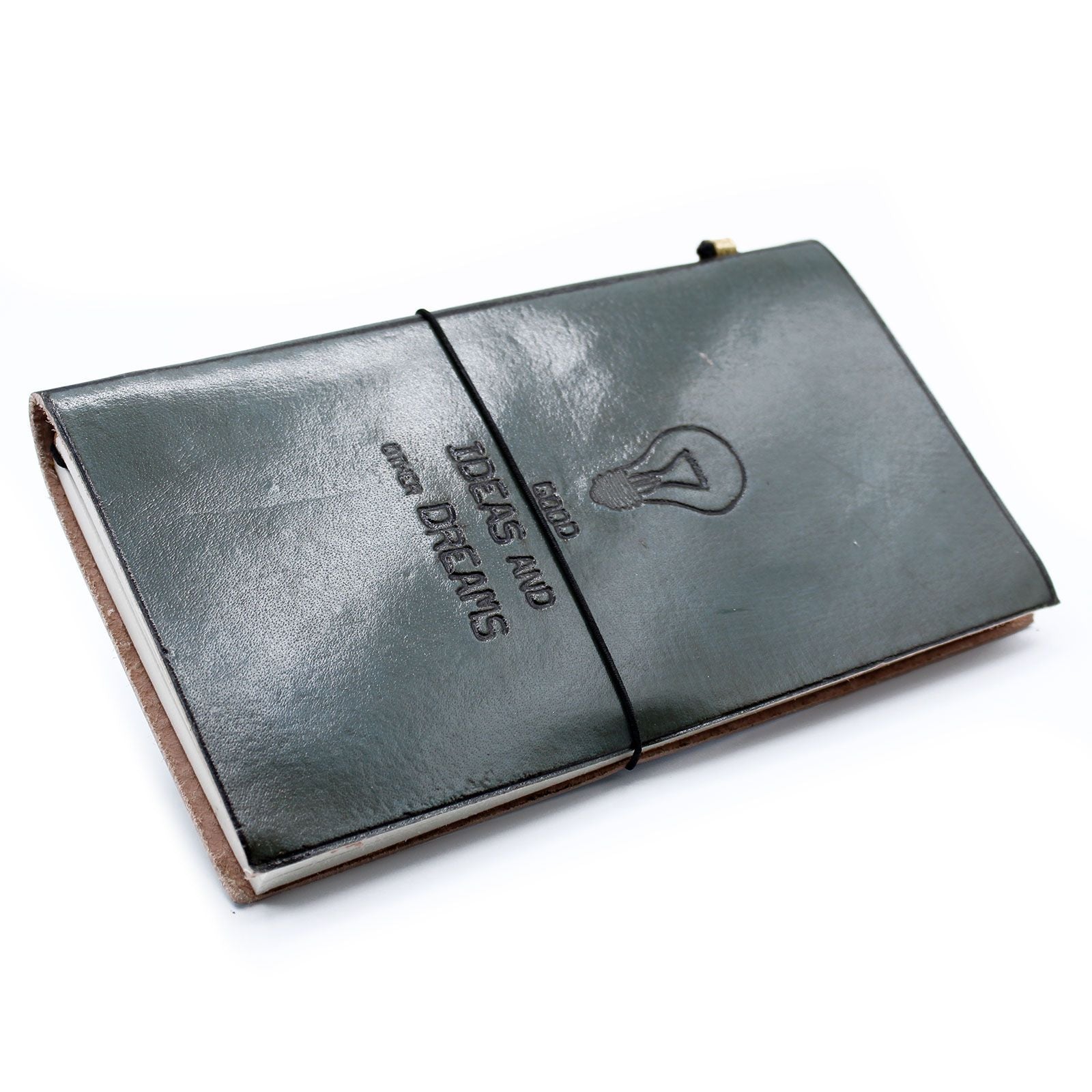 Alt Tag: Grey Handmade Leather Journal – 80 Pages grey leather cover travel journal with elastic strap and embossed design