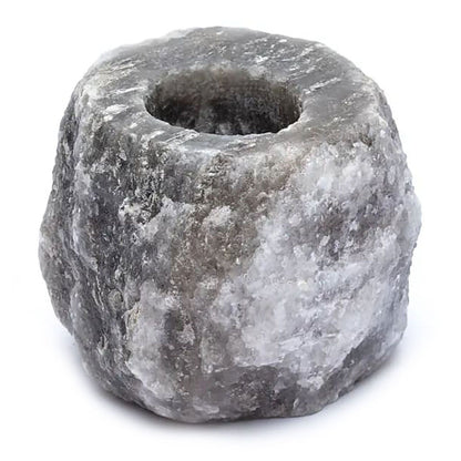 Alt Tag: Grey Himalayan Salt Candle Holder – 600-800G natural grey salt tealight holder with carved candle well, rustic home décor accent