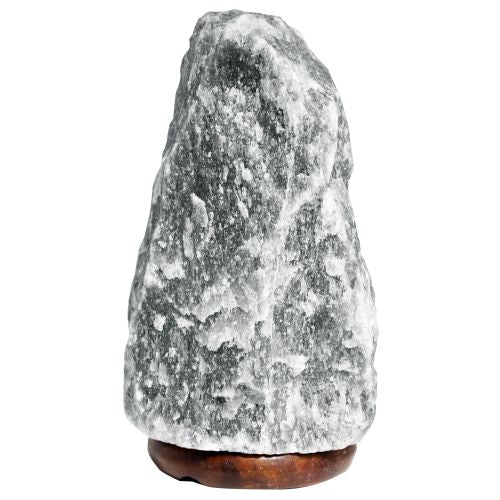 Alt Tag: Grå Himalayasaltlampa – 1,5–2 kg handskuren grå saltkristallampa med träbas, naturlig struktur, dekorationsbelysning för hemmet