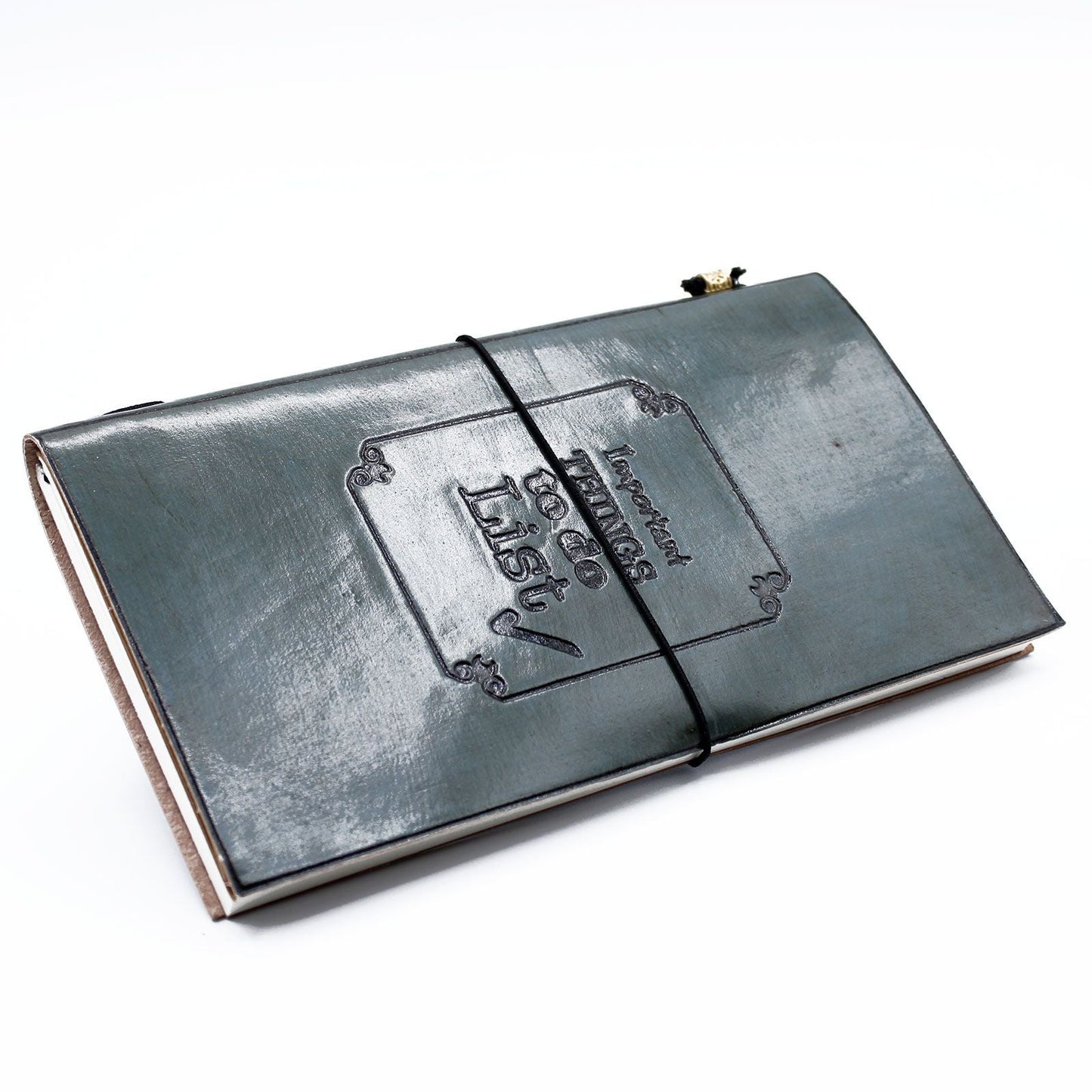 Grey Leather Journal – Important Things To Do ⎯ 80 Pages, grey leather notebook with elastic band and embossed cover, 80-page recycled paper journal