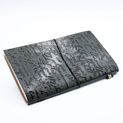 Grey Leather Journal – Important Things To Do ⎯ 80 Pages, embossed grey leather cover notebook with elastic band, open on white background