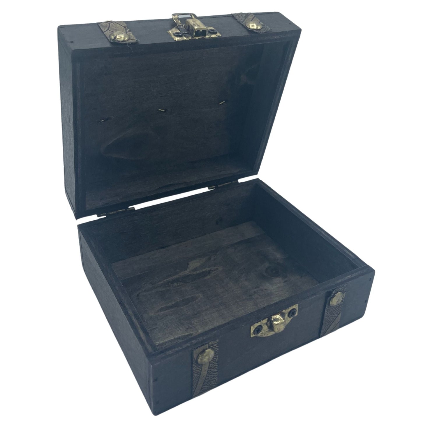 Alt Tag: Grey MDF Tea Chest – 13x11 CM open grey MDF tea chest with hinged lid, metal latch and interior compartments