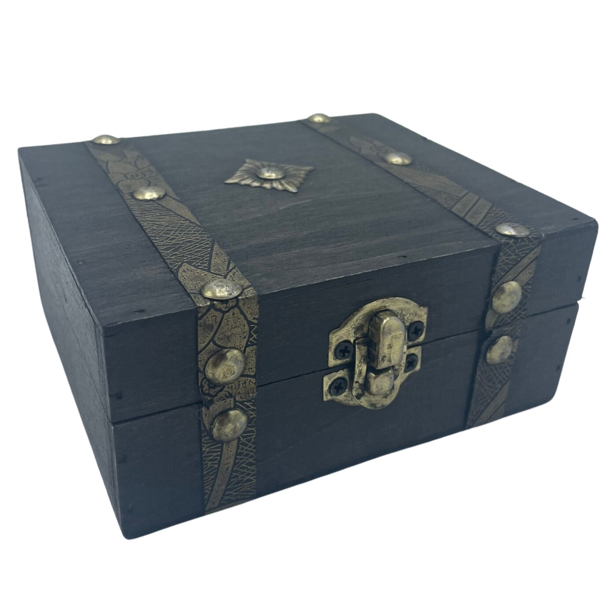 Alt Tag: Grey MDF Tea Chest – 13x11 CM grey MDF tea chest with metal straps, rivets and front latch, vintage-style storage box