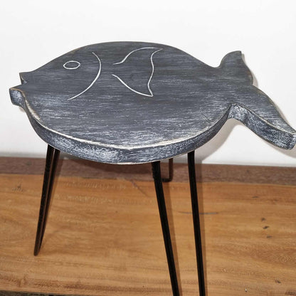 Greywash Albasia Wood Plant Stand – 37 CM fish-shaped greywash wooden stand with black metal legs, 26x19.5x37 cm