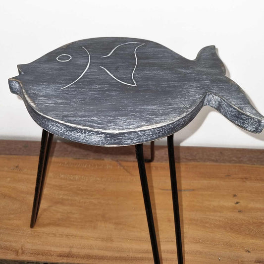 Greywash Albasia Wood Plant Stand – 37 CM fish-shaped greywash wooden stand with black metal legs, 26x19.5x37 cm