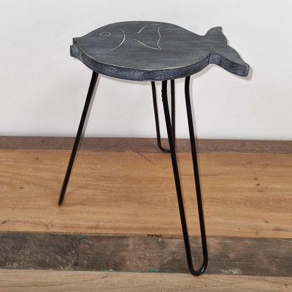 Alt Tag: Greywash Albasia Wood Plant Stand – 37 CM with fish-shaped greywash wood top and black metal hairpin legs