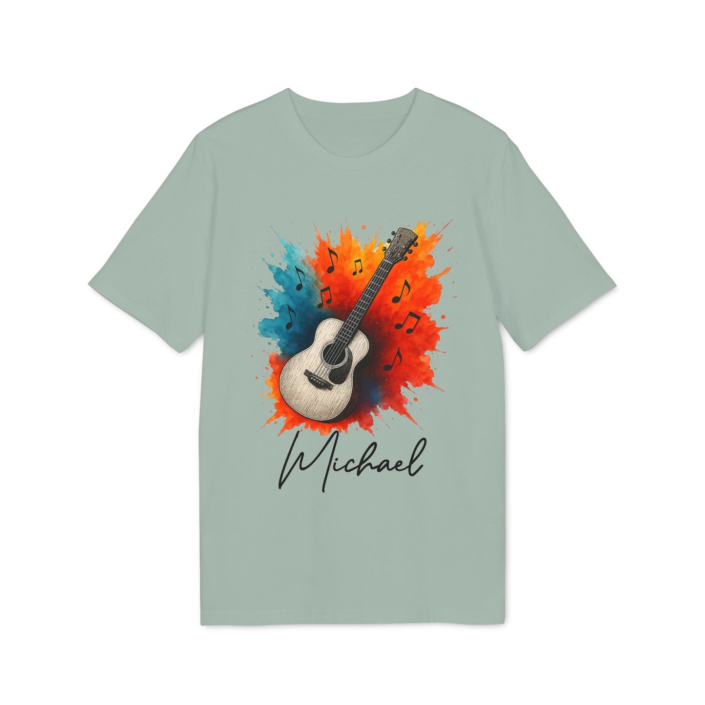 Alt Tag: Guitarr Men Personalized Premium Unisex T-Shirt con guitarra acústica, salpicaduras de color y nombre personalizado Michael