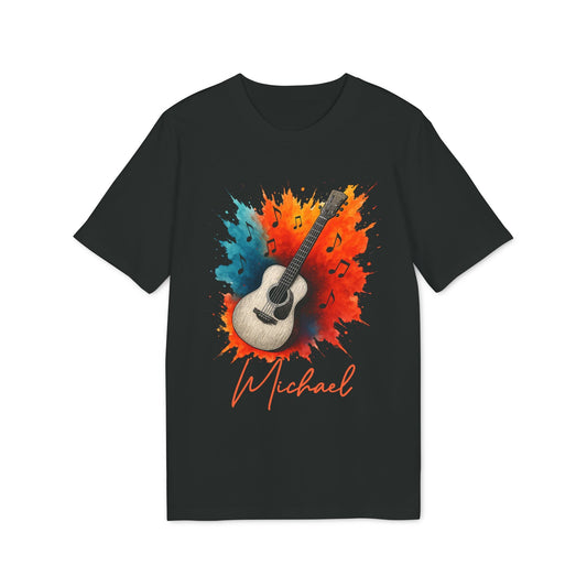 Guitarr Men Personalized Premium Unisex T-Shirt negra con guitarra acústica, salpicaduras de color y nombre personalizado Michael