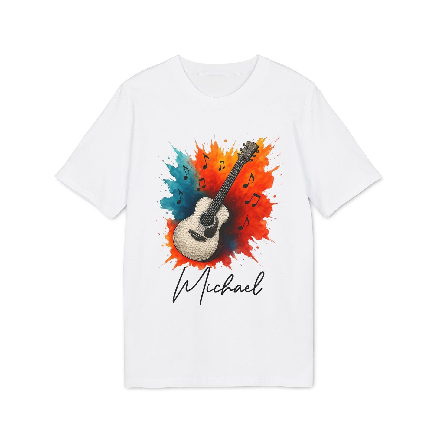 Guitarr Men Personalized Premium Unisex T-Shirt blanca con guitarra acústica, notas musicales y nombre personalizado “Michael”
