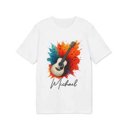 Guitarr Men Personalized Premium Unisex T-Shirt blanca con guitarra acústica, notas musicales y nombre personalizado “Michael”