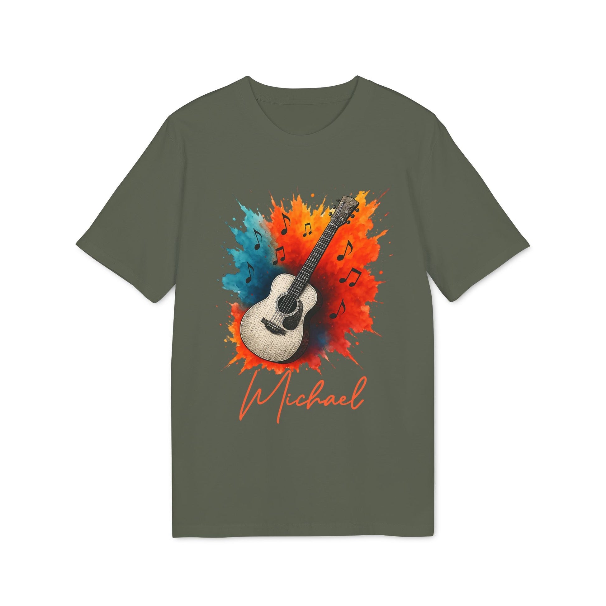 Guitarr Men Personalized Premium Unisex T-Shirt verde oliva con guitarra acústica, notas musicales y nombre personalizado Michael
