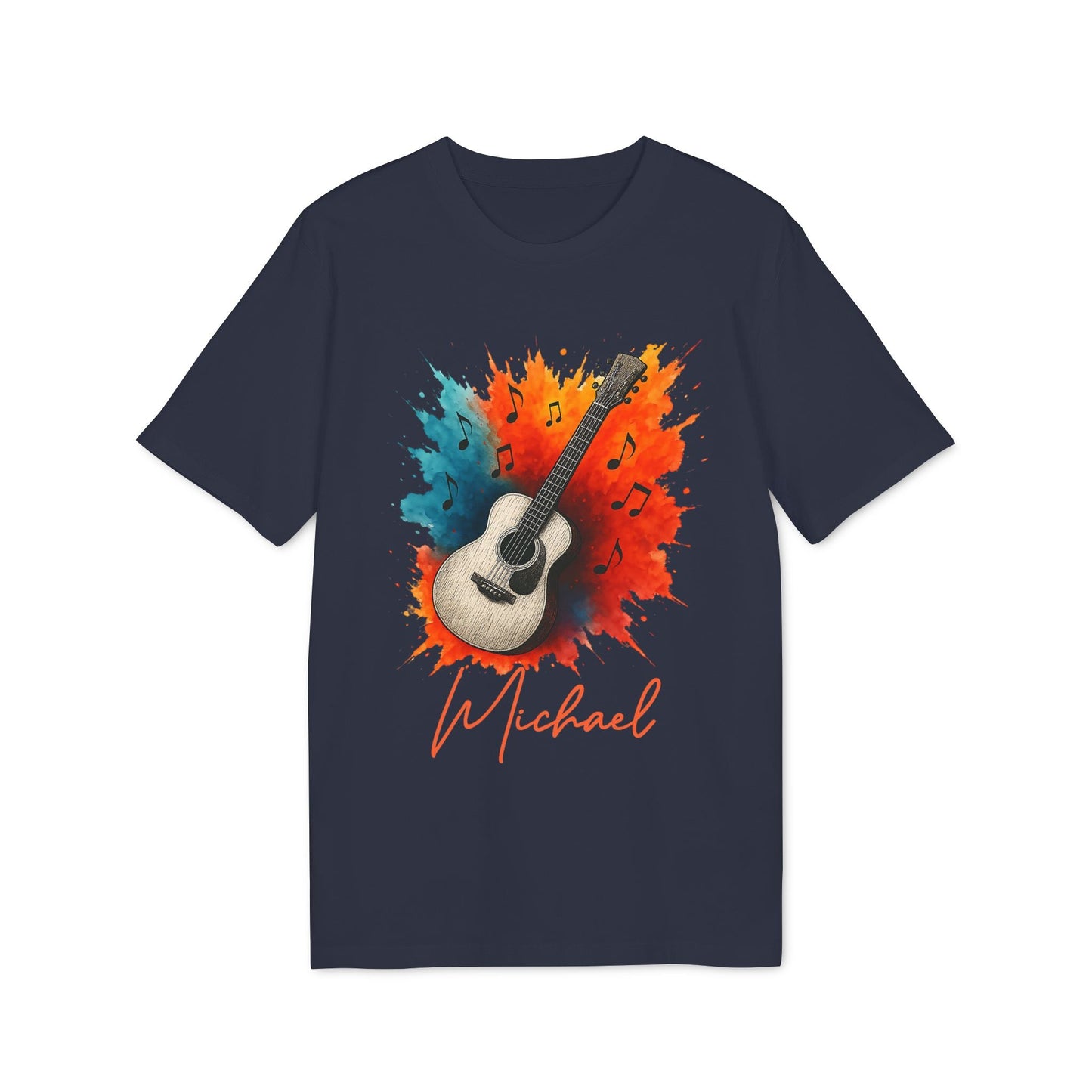 Guitarr Men Personalized Premium Unisex T-Shirt navy with acoustic guitar splash graphic, music notes, and custom name Michael