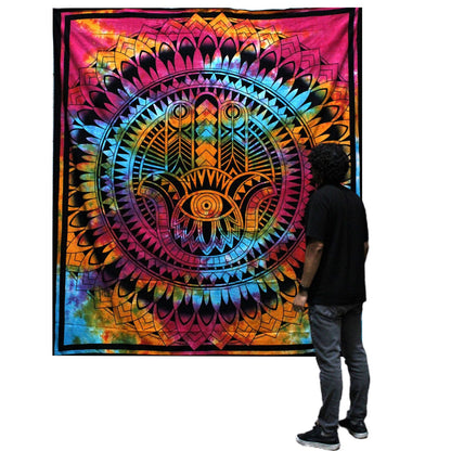 Alt Tag: Elegantly Crafted Cotton Bedspread – 230x200 CM con diseño Hamsa multicolor tipo mandala, cubrecama de algodón para cama doble