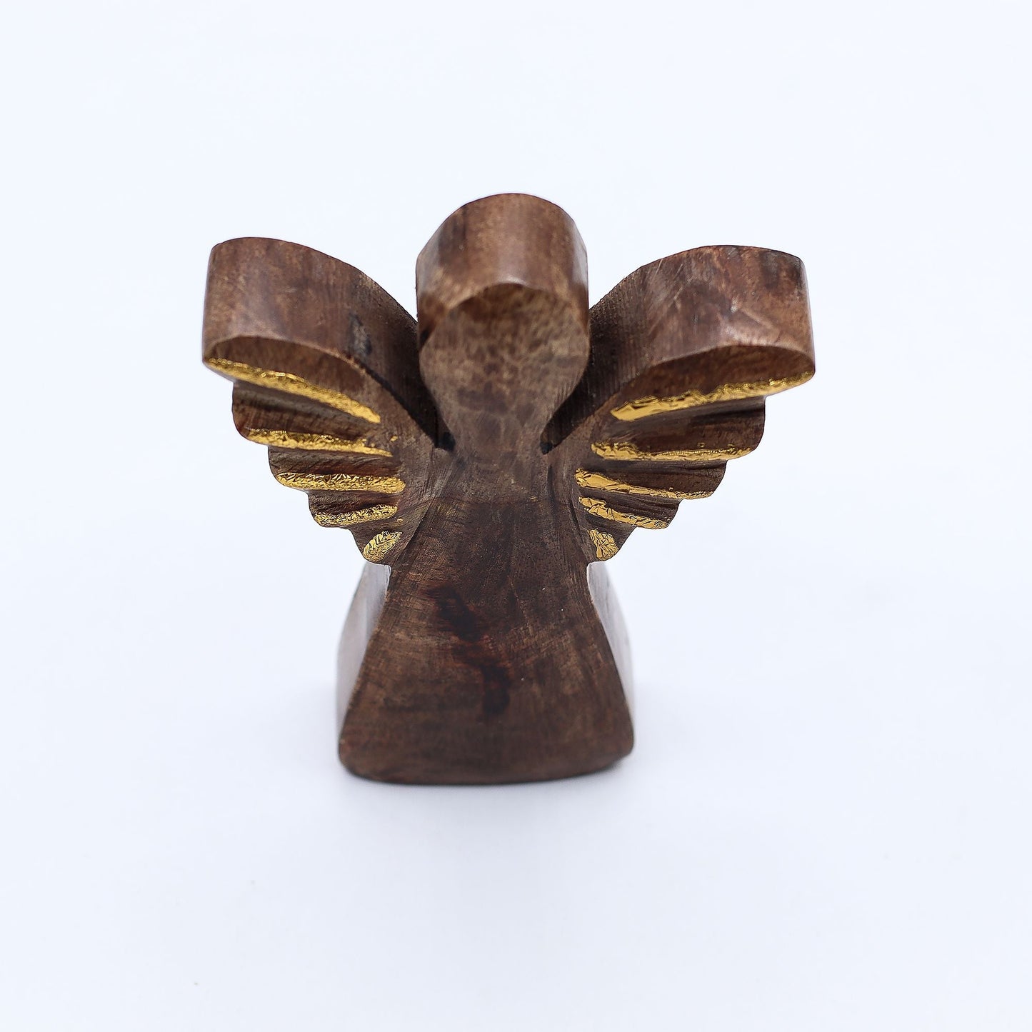 Alt Tag: Ángel de madera de mango tallado a mano – decoración con alas doradas, figura de ángel de madera de mango tallada a mano con alas doradas