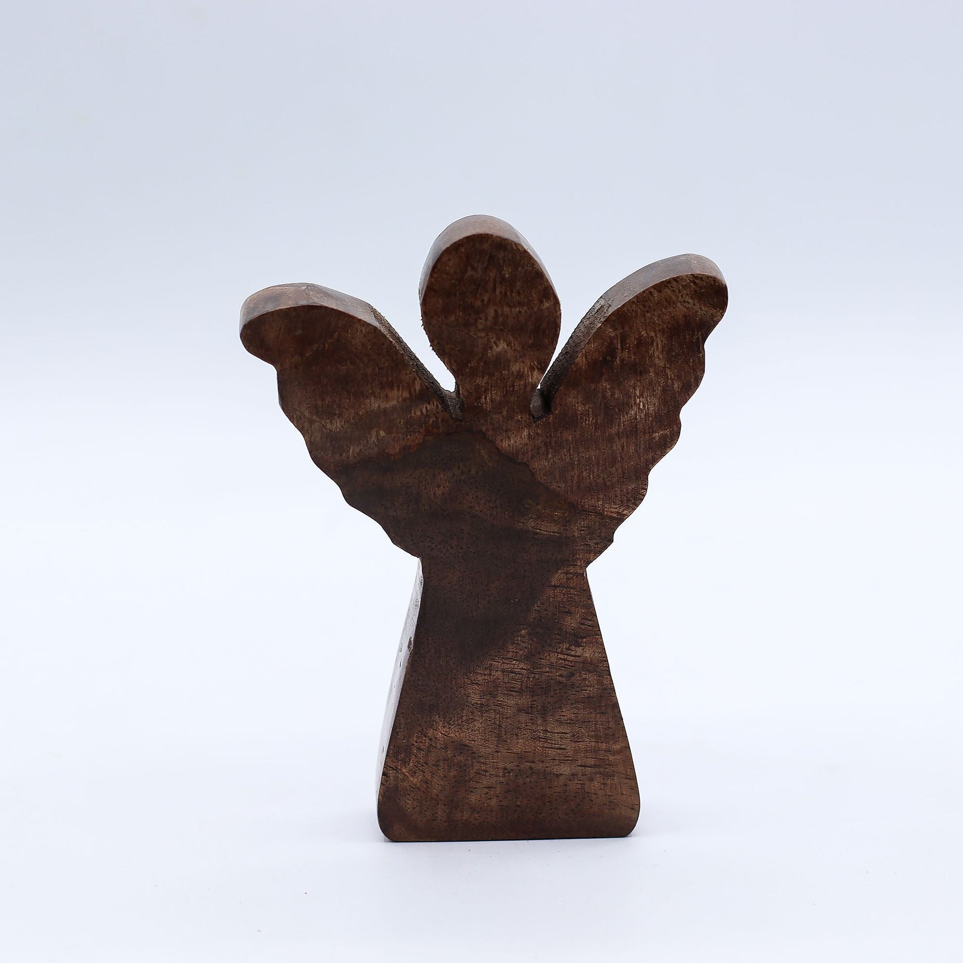 Ángel de madera de mango tallado a mano – Decoración de alas doradas, figurita de ángel de madera con alas talladas, acabado marrón natural, 10x2x12 cm