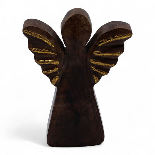 Handgeschnitzter Engel aus Mangoholz – Deko mit goldenen Flügeln, Engelsfigur aus dunklem Mangoholz mit goldenen Akzenten an den Flügeln, 10x2x12 cm