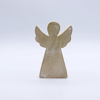 Alt Tag: Ángel de madera de mango tallado a mano – Acabado blanco envejecido, figura decorativa de ángel en madera de mango tallada a mano con acabado blanco envejecido