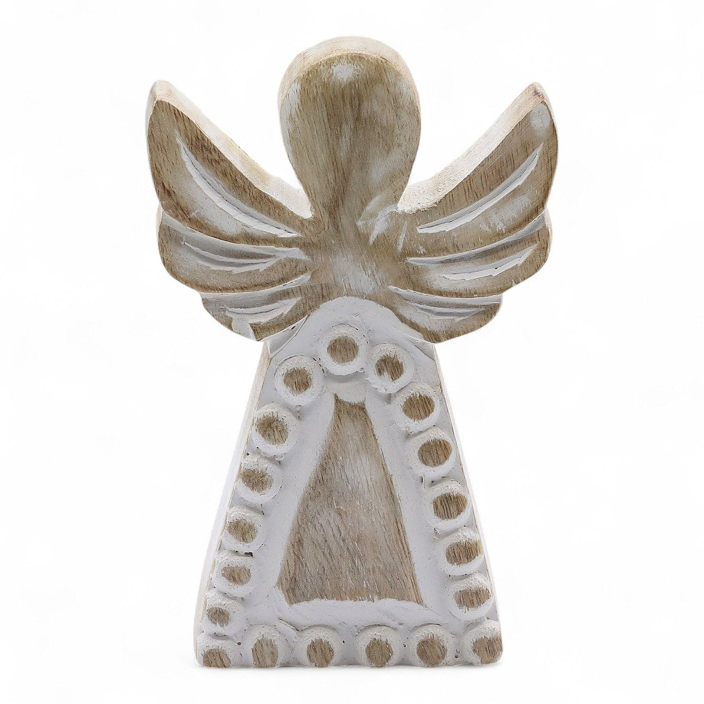 Alt Tag: Ángel tallado a mano en madera de mango – acabado whitewash, figura de ángel rústica en madera con efecto whitewash, con alas talladas y detalles arqueados