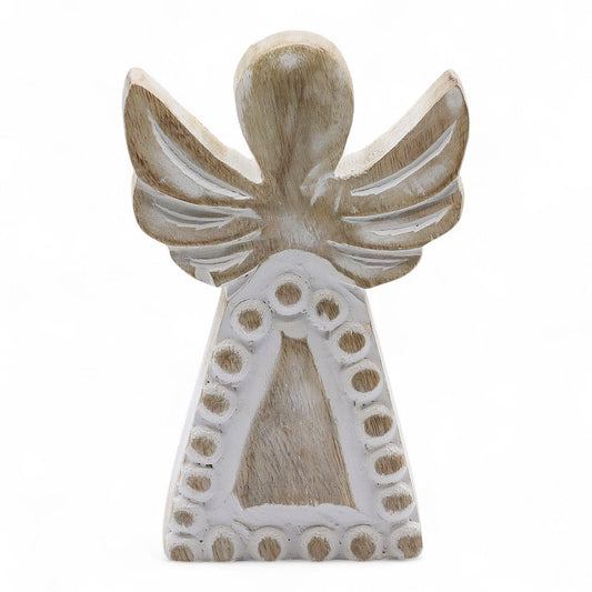Alt Tag: Ángel tallado a mano en madera de mango – acabado whitewash, figura de ángel rústica en madera con efecto whitewash, con alas talladas y detalles arqueados