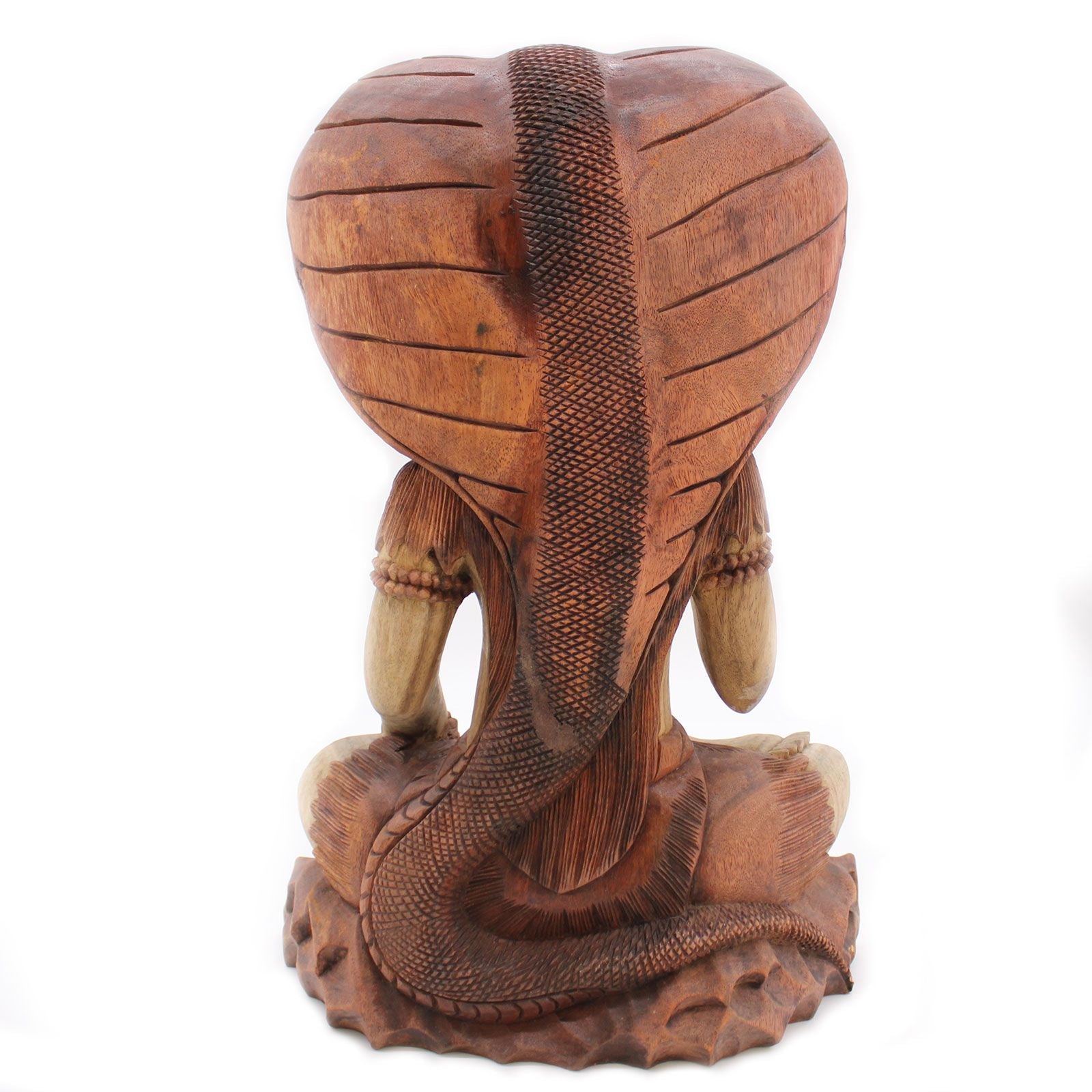 Suar-Holz-Statue Shiva – 50CM, handgeschnitzte balinesische Suar-Holzstatue mit detailreicher Kobrakapuze und Sockel in Form einer aufgerollten Schlange