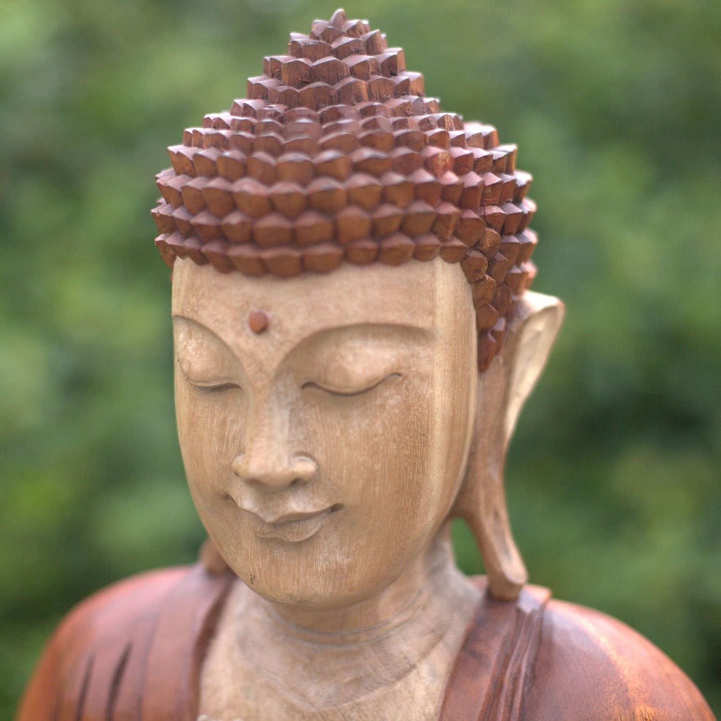 Alt Tag: Hand-Carved Buddha Statue – 25 CM Thinking Pose, close-up of hand-carved wooden Buddha face with serene expression and detailed hair