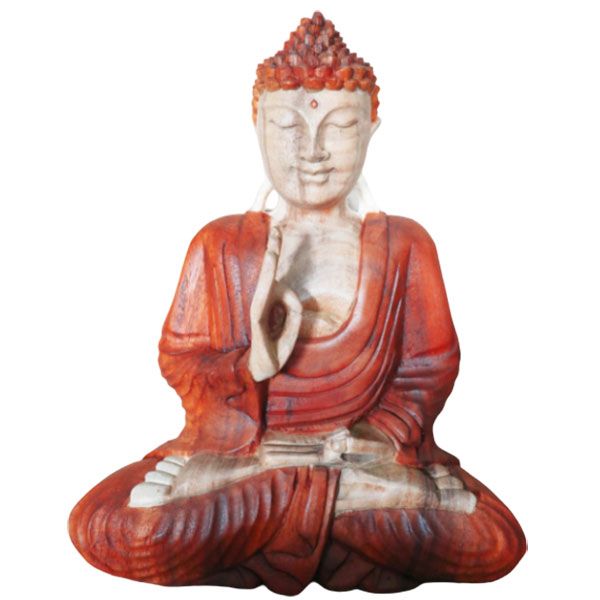 Handsnidad Buddha-staty – 30 CM Teaching Transmission, Buddha i trä sittande i undervisningsmudra med finish i röd dräkt