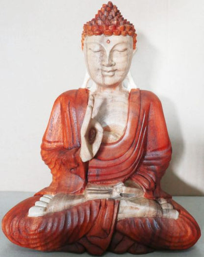 Handskuren Buddhastaty – 30 CM Teaching Transmission, Buddhafigur i trä i teaching mudra, sittande meditationspose, röd kåpa