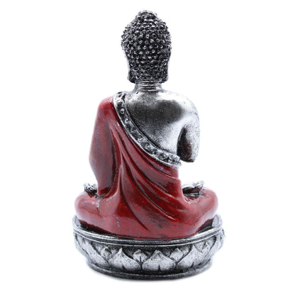Alt Tag: Hand Painted Buddha Candle Holder – Red Medium resin Buddha statue in red robe, rear view, Balinese handcrafted decor