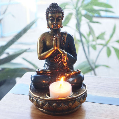 Hand Painted Buddha Candle Holder – Red Medium resin Buddha tealight holder with lit candle, Balinese hand-painted decor