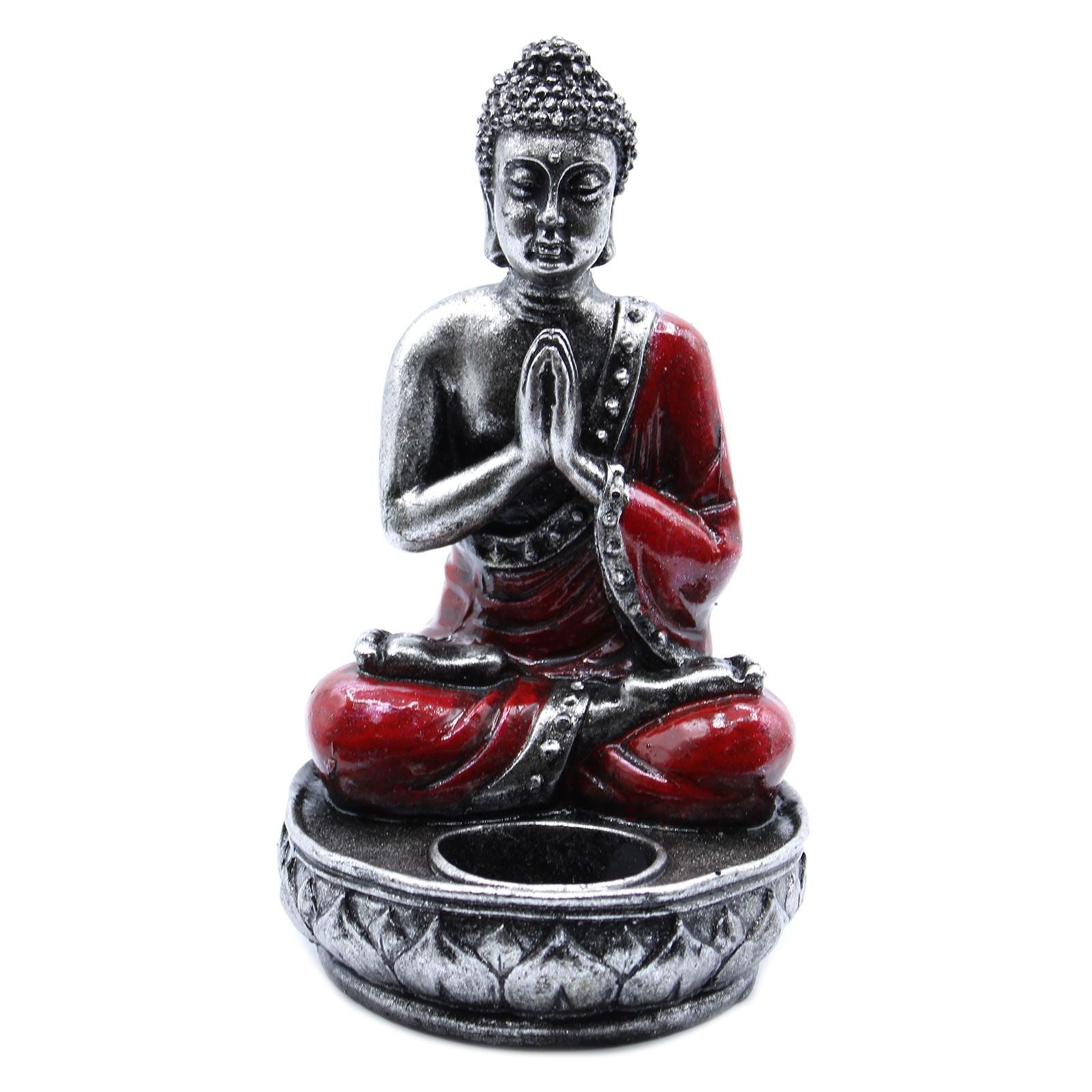 Hand Painted Buddha Candle Holder – Red Medium, resin Buddha statue in red and silver with prayer hands and tealight cup