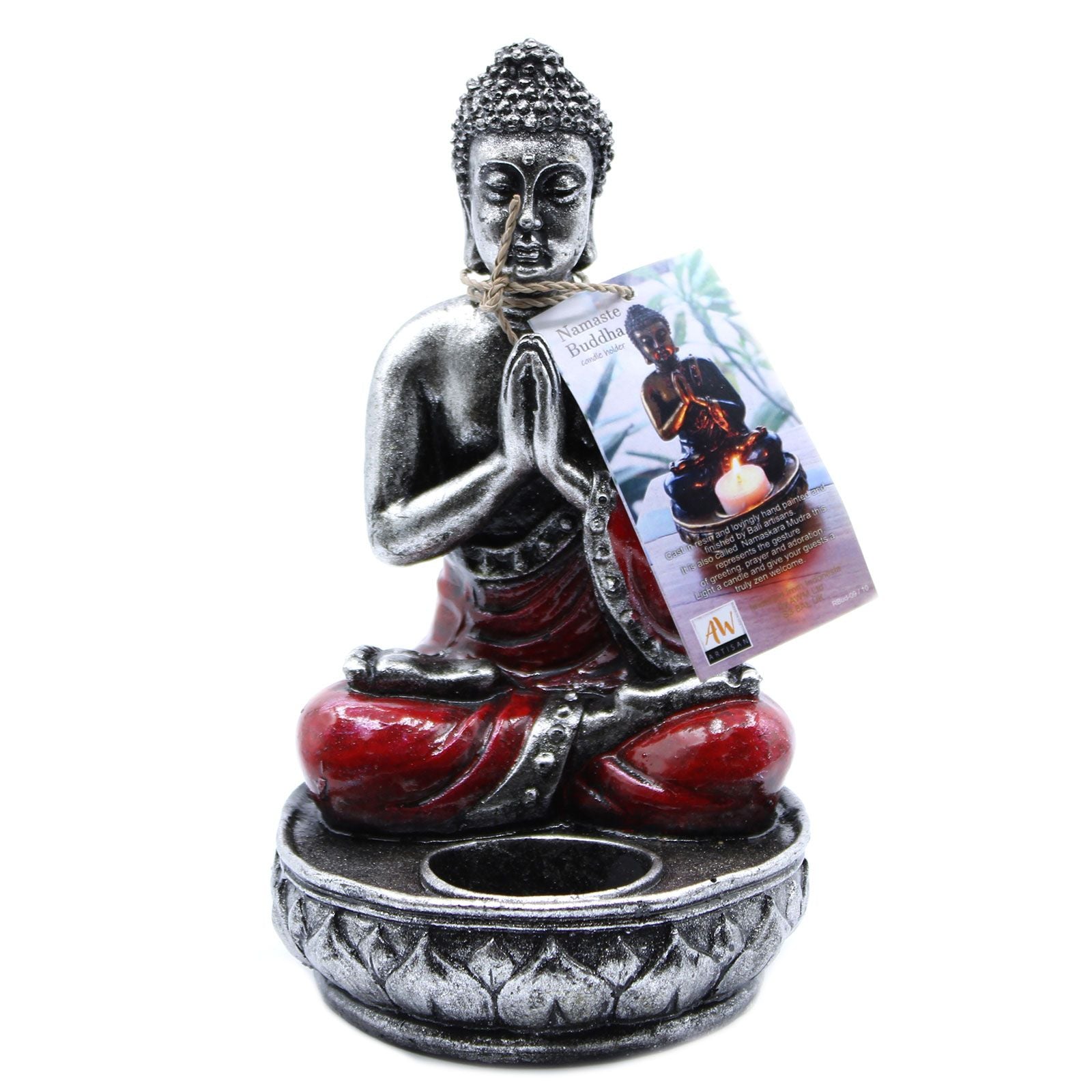 Hand Painted Buddha Candle Holder – Red Medium, seated Buddha resin candle holder with red base and round tealight cup