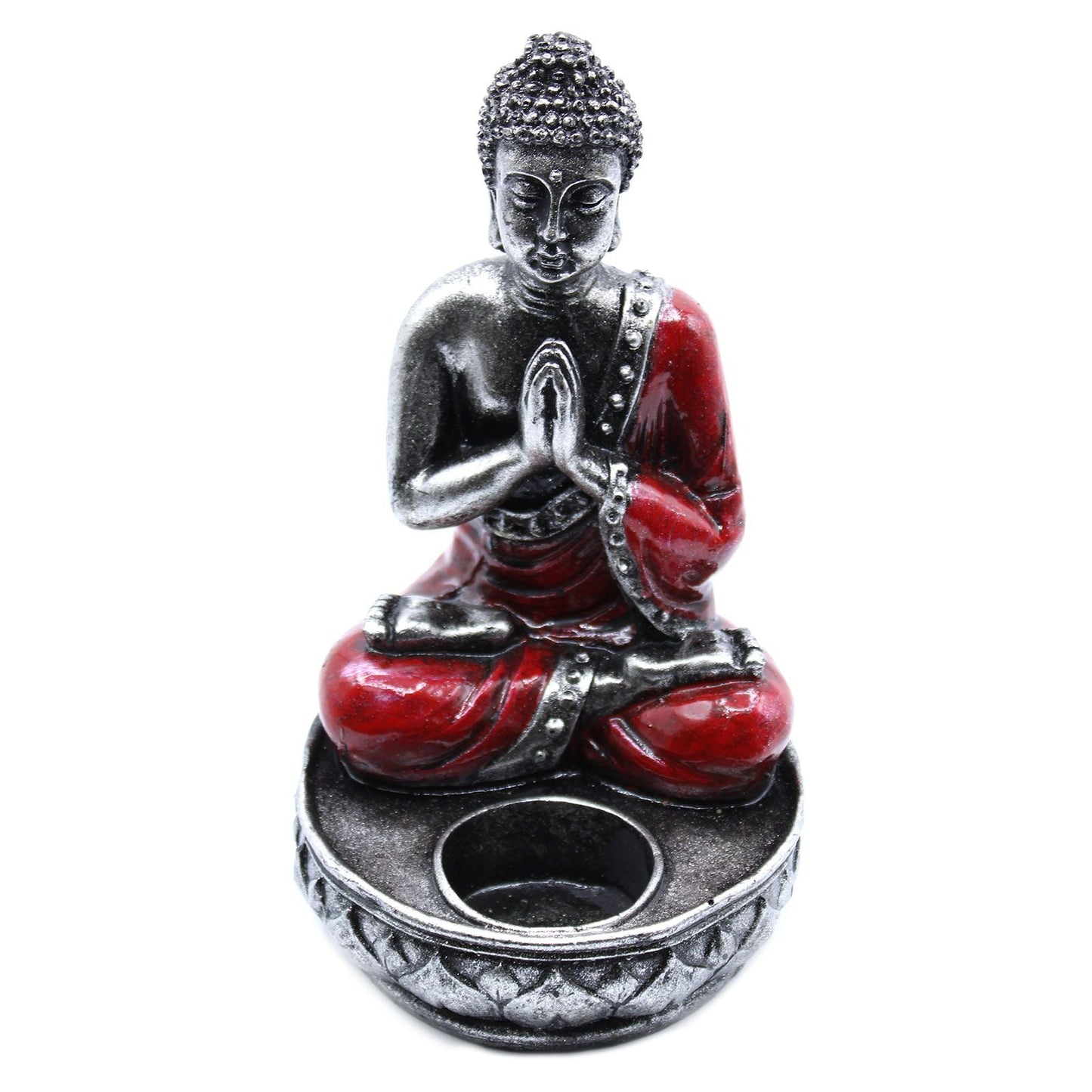 Hand Painted Buddha Candle Holder – Red Medium, resin Buddha figurine in red and silver with tea light candle cup
