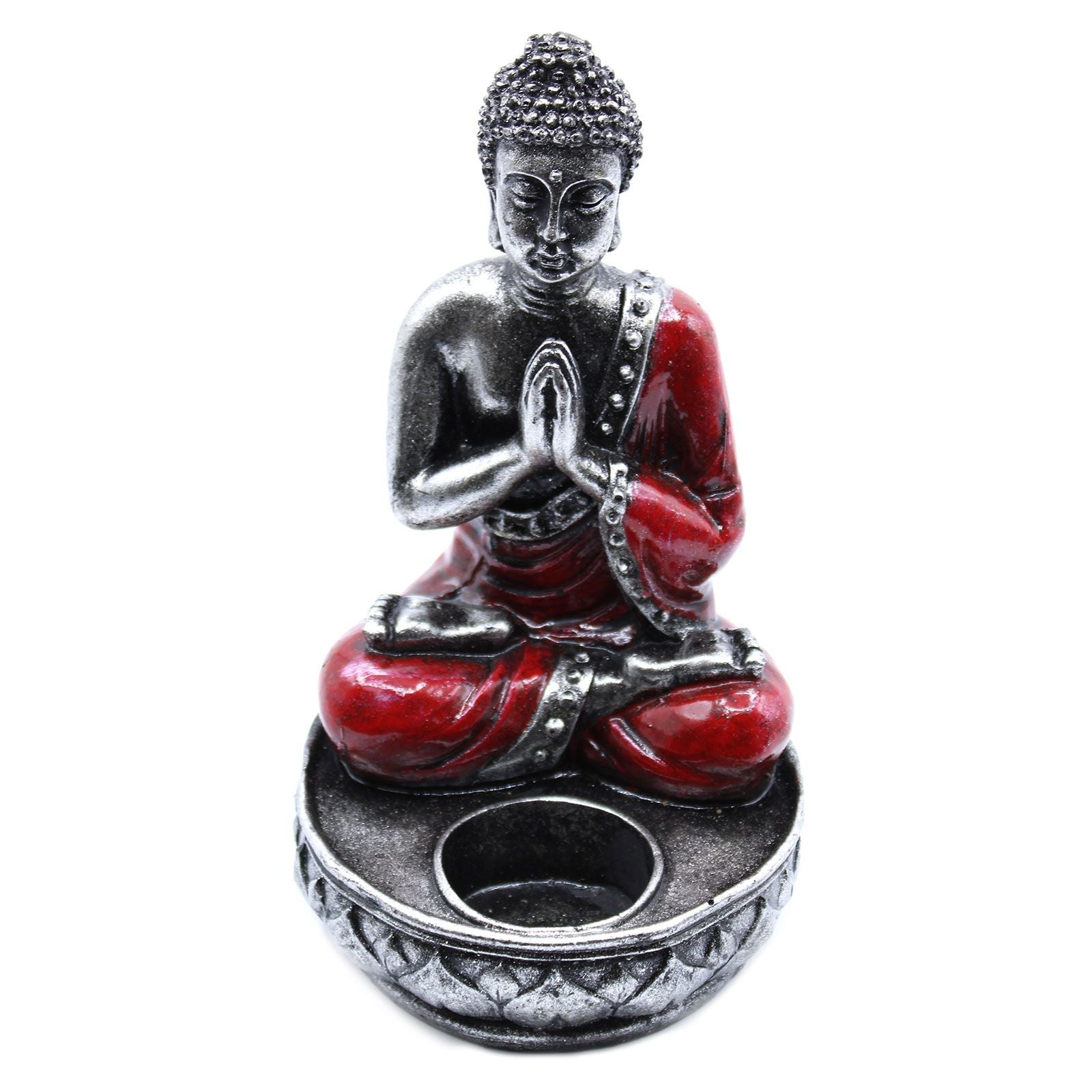 Hand Painted Buddha Candle Holder – Red Medium, resin Buddha figurine in red and silver with tea light candle cup