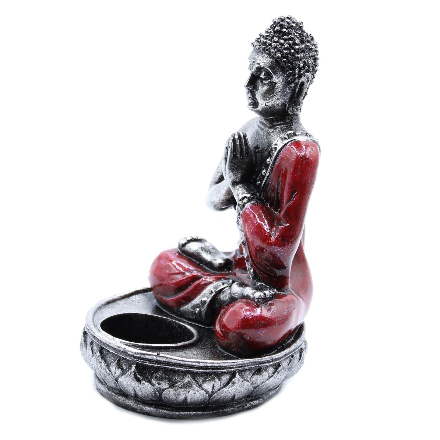 Alt Tag: Hand Painted Buddha Candle Holder – Red Medium, red and silver resin Buddha statue with tea light holder, hands in prayer