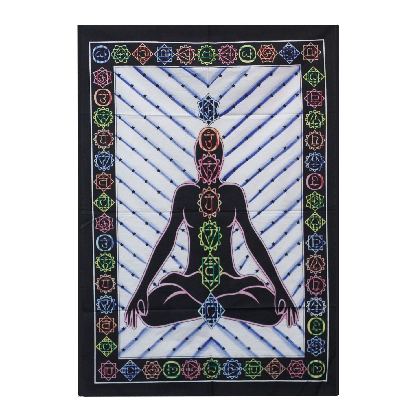 Handborstad väggkonst i bomull – Chakra Buddha-vävtapet med silhuett av en mediterande Buddha och sju chakrasymboler, färgstark bård