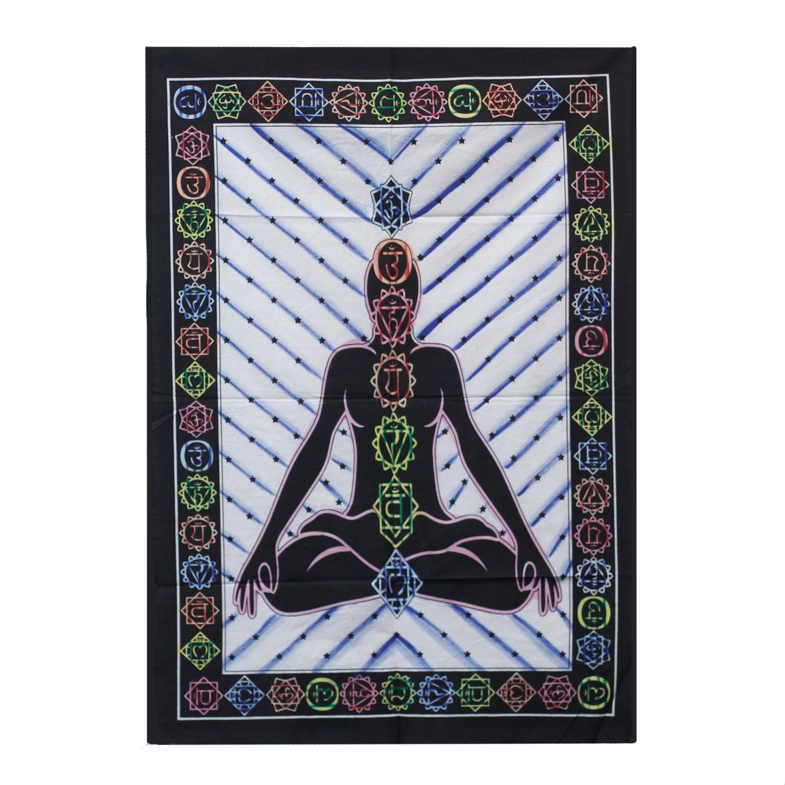 Handborstad väggkonst i bomull – Chakra Buddha-vävtapet med silhuett av en mediterande Buddha och sju chakrasymboler, färgstark bård