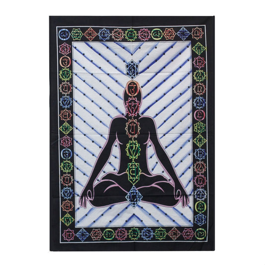 Alt Tag: Handbrushed Cotton Wall Art – Chakra Buddha tapestry with meditating Buddha silhouette and seven chakra symbols, colorful border