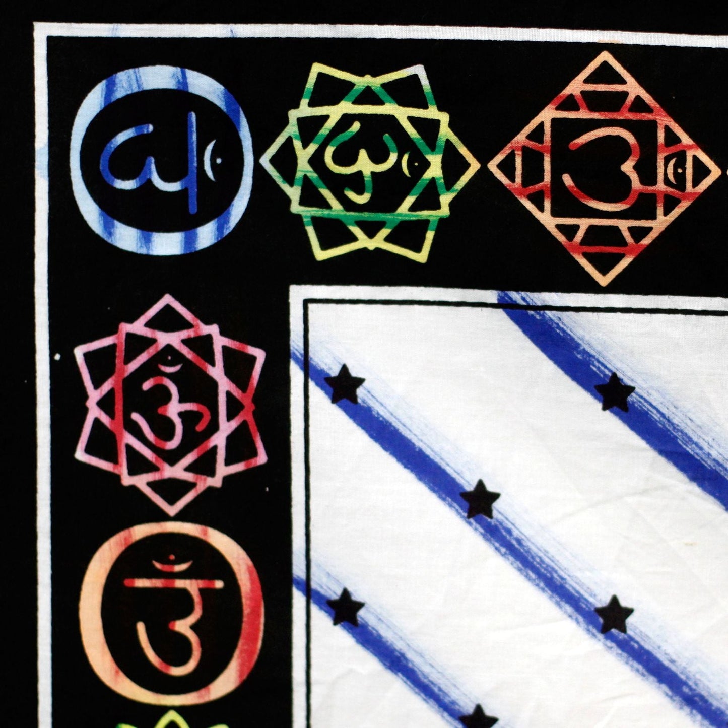 Handborstad väggkonst i bomull – Chakra Buddha med flerfärgade chakrasymboler på handmålad bomull, designdetalj