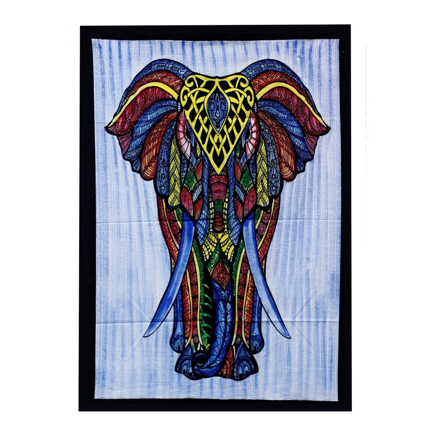 Handborstad väggkonst i bomull – Elephant 115x75 CM, färgstark elefantdesign på väggbonad i bomull med svart kant