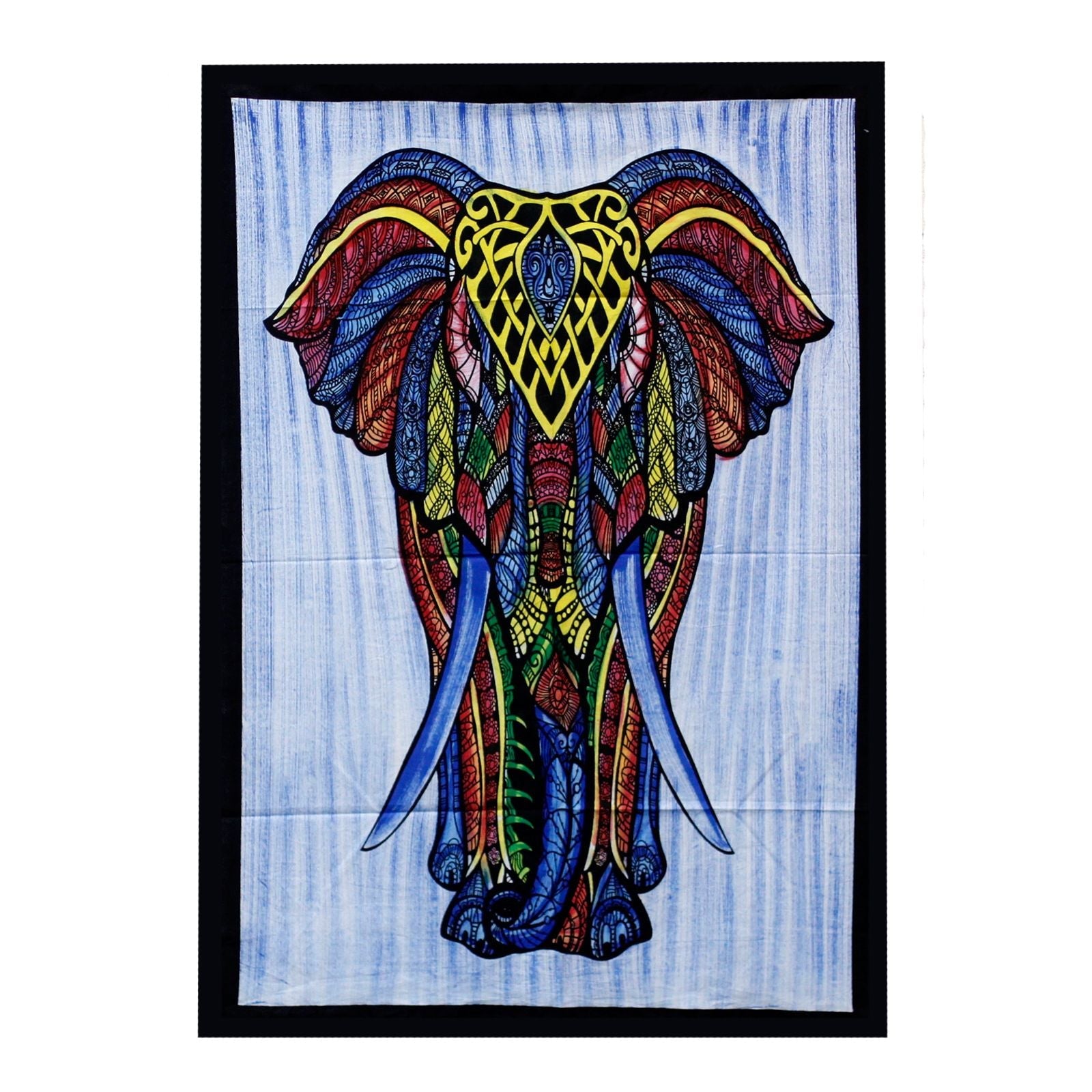 Handborstad väggkonst i bomull – Elephant 115x75 CM, färgstark elefantdesign på väggbonad i bomull med svart kant