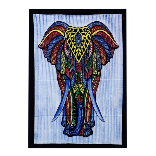 Handborstad väggkonst i bomull – Elephant 115x75 CM, färgstark elefantdesign på väggbonad i bomull med svart kant