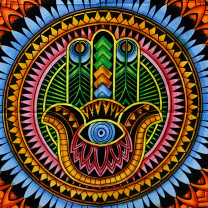 Handbrushed Cotton Wall Art – Hamsa 115CM x 75CM, colorful hand-painted Hamsa symbol tapestry with intricate geometric mandala design