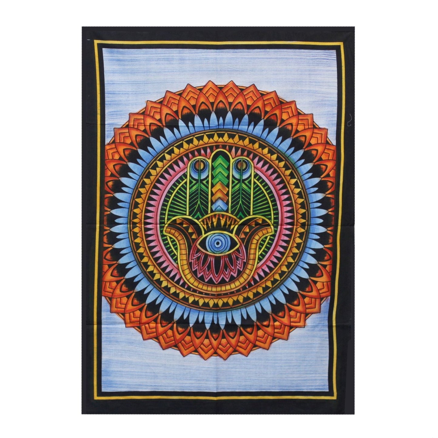 Alt Tag: Handbrushed Cotton Wall Art – Hamsa 115CM x 75CM, colorful hand symbol mandala design on cotton wall hanging