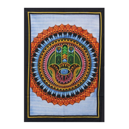 Alt Tag: Handbrushed Cotton Wall Art – Hamsa 115CM x 75CM, colorful hand symbol mandala design on cotton wall hanging