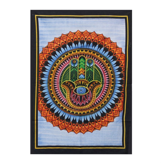 Alt Tag: Handborstad väggkonst i bomull – Hamsa 115CM x 75CM, färgstark hand-symbol mandala-design på väggbonad i bomull