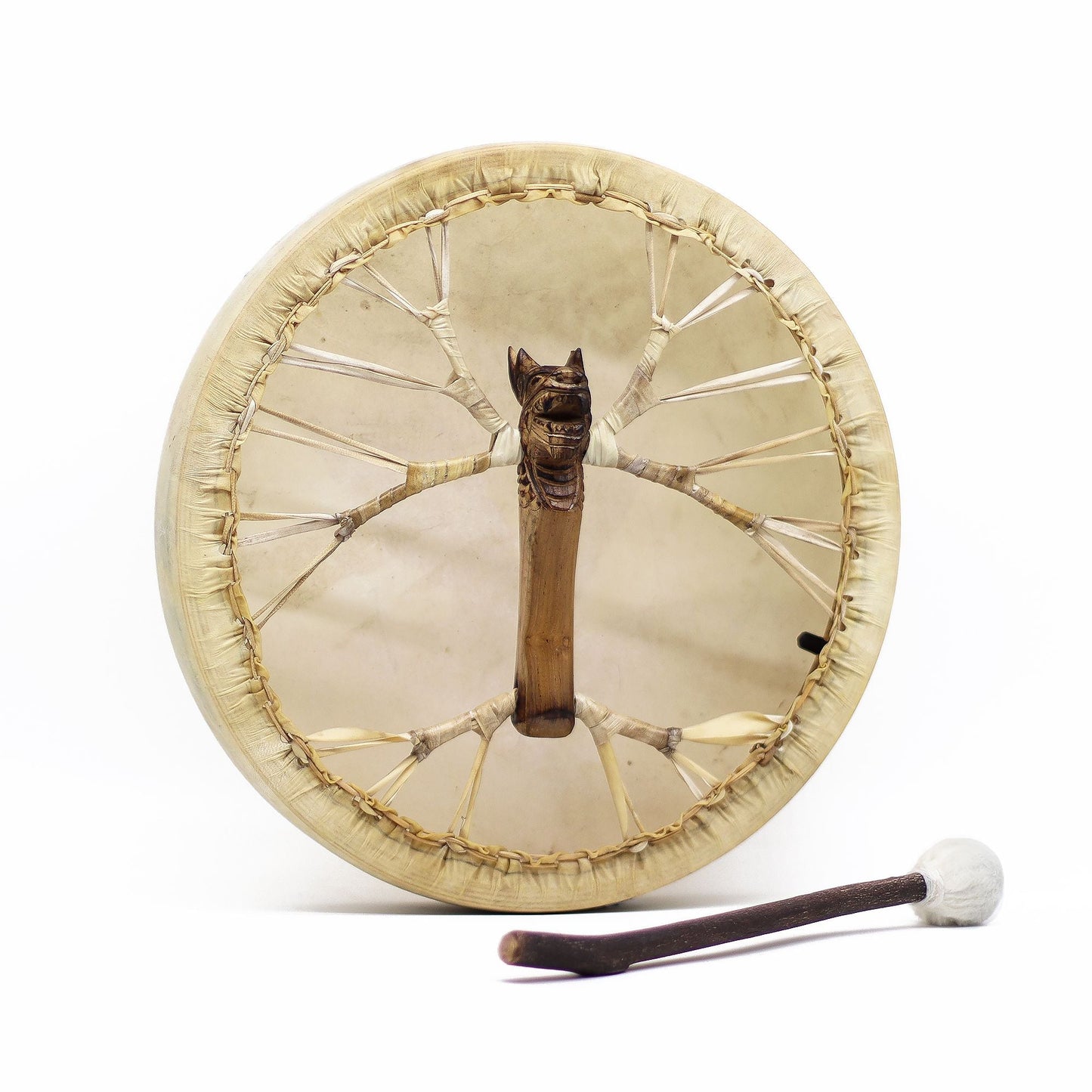 Alt Tag: Handcrafted Acacia Shaman Drum – 40 CM de madera de acacia y cuero, tambor chamánico con baqueta, vista frontal
