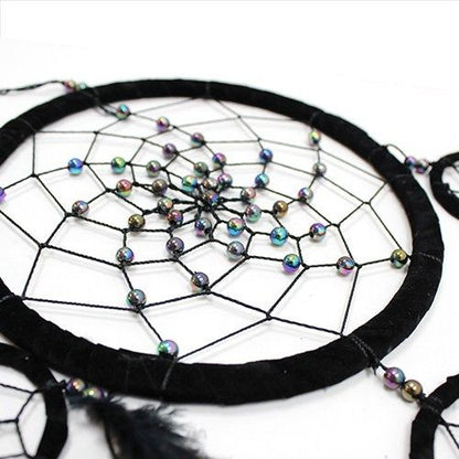 Handgjord Bali Dream Catcher – Stor rund 55CM närbild på det runda nätet med iriserande pärlor och svart ram