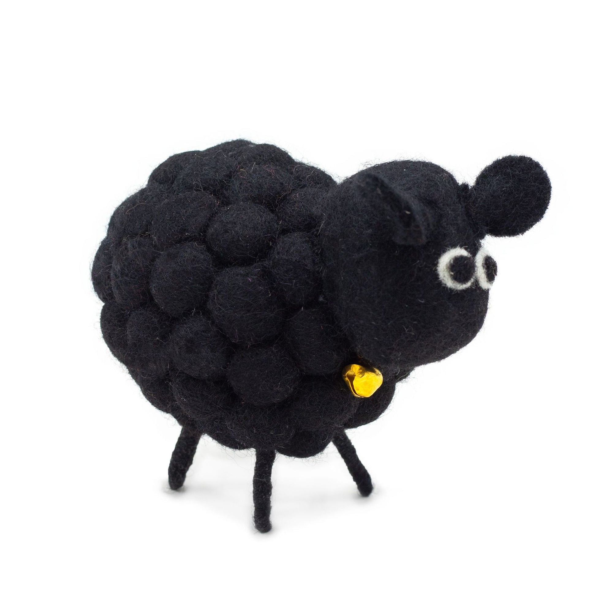 Alt Tag: Handcrafted Felt Sheep – Black 12x8x10 CM, black felt sheep figurine with metal bell and cotton-hemp details
