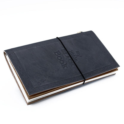 Handcrafted Leather Journal – Black 80 Pages, black genuine leather notebook with wrap strap closure on white background