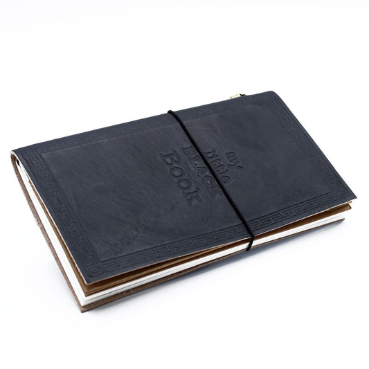 Handcrafted Leather Journal – Black 80 Pages, black genuine leather notebook with wrap strap closure on white background